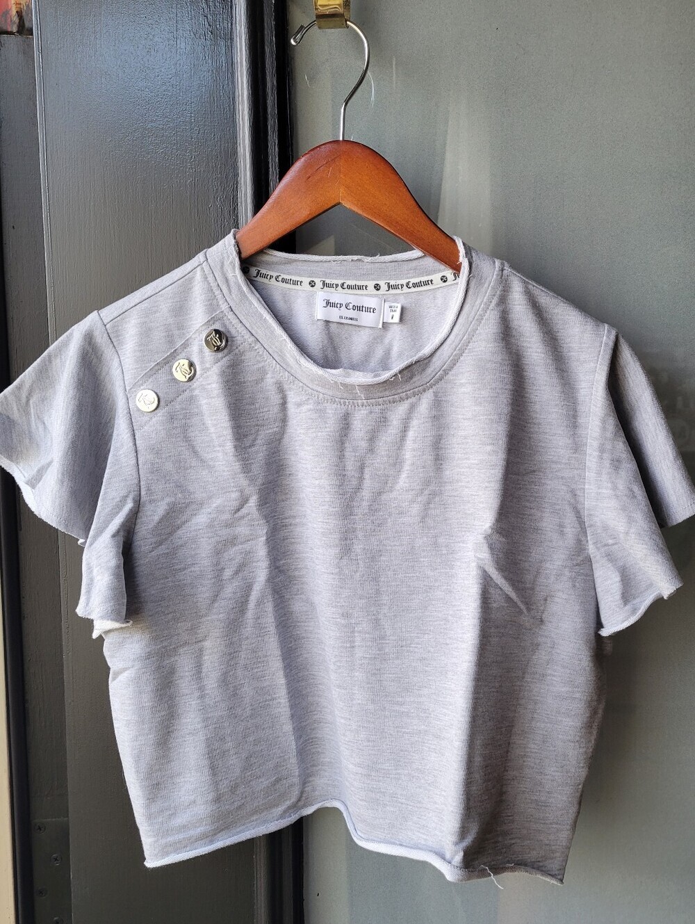 Juicy Couture Ruffle-Sleeve Crop Women's Top Medium Light Gray Short Sleeve - Picture 2 of 10